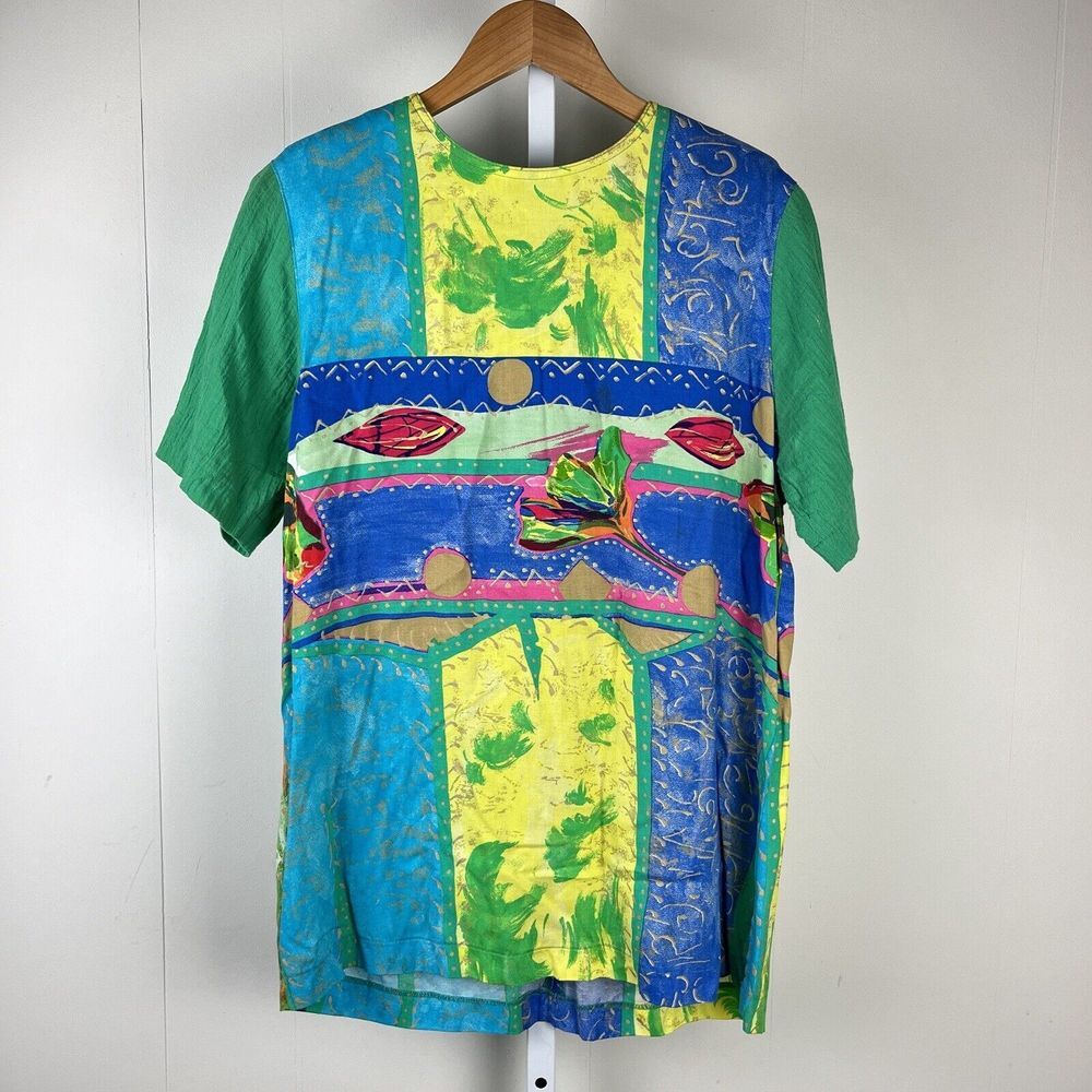 Vintage Bonnie Boynton Bright Artsy Shirt Dress Rayon Summer Womens Medium
